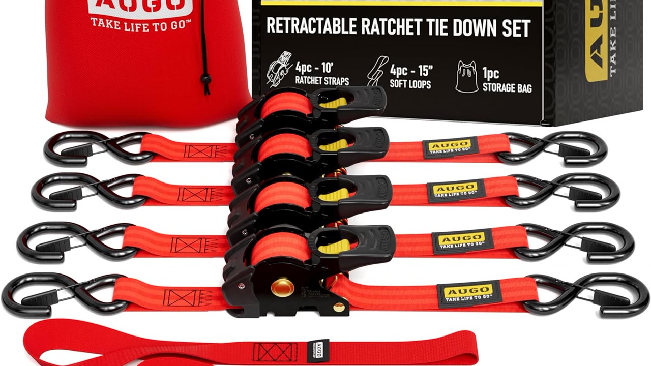 AUGO retractable ratchet strap set with S-hooks and storage bag
